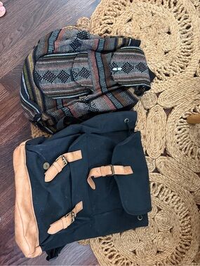 DSW Black Canvas Backpack with Tan faux Leather Accents and Boho backpack